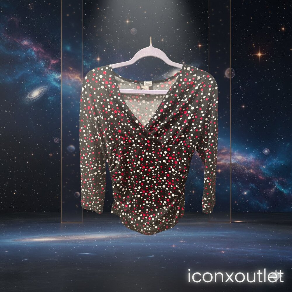 (SM) KC Stevens Black Polka Dot Wrap-Style Blouse – 3/4 Sleeve